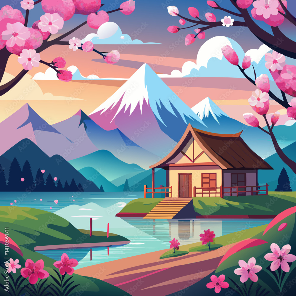 Naklejka premium spring landscape with cherry blossoms