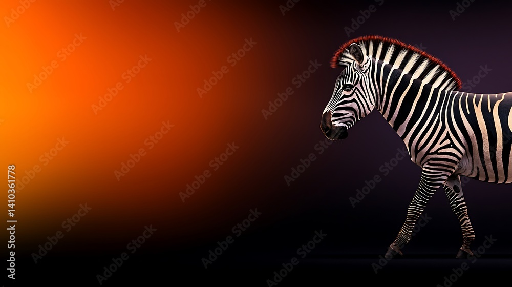 Naklejka premium A majestic zebra walking gracefully against a vibrant gradient background at sunset
