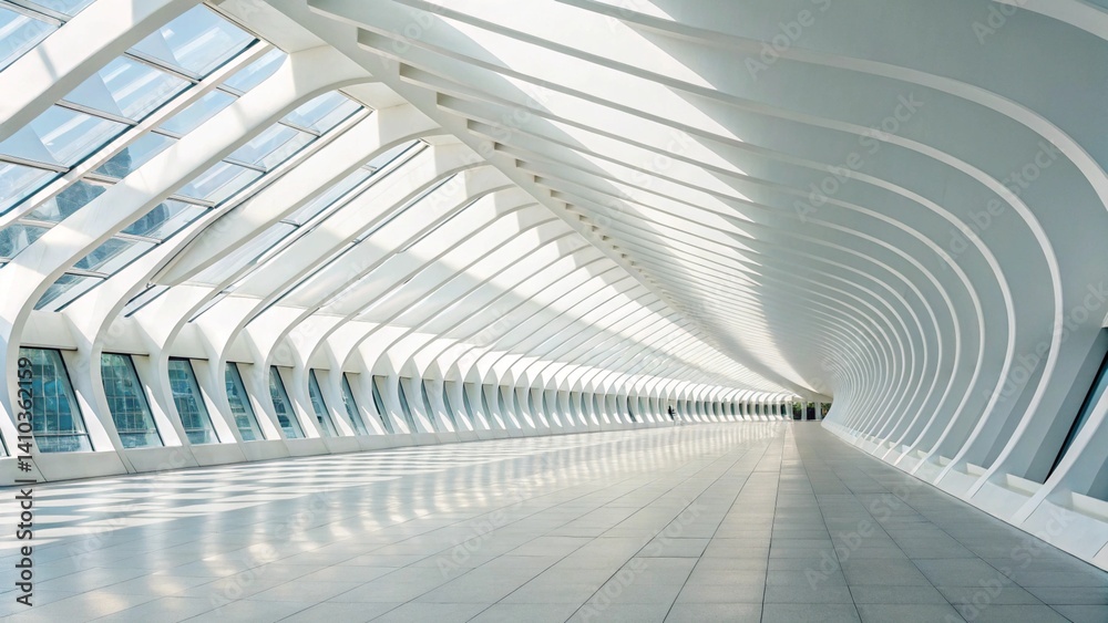 Obraz premium A bright, modern corridor with white arched ceilings and walls, featuring round windows on one side and open arches revealing lush green trees on the other