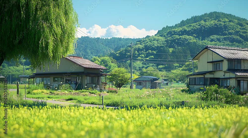 Obraz premium Pixel Art Rural Village Scene In Japan