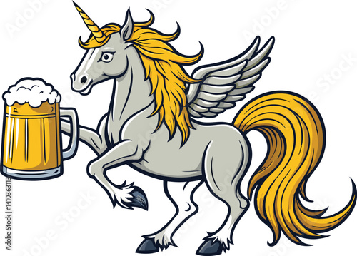 Whimsical Vintage Unicorn Sketch – Golden Mane, Beer Mug, Etching Style​