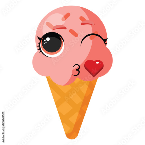 Pink ice cream cone with flirty expression and heart-shaped kiss, ideal for kids materials, greeting cards, educational games and summer-themed design collections