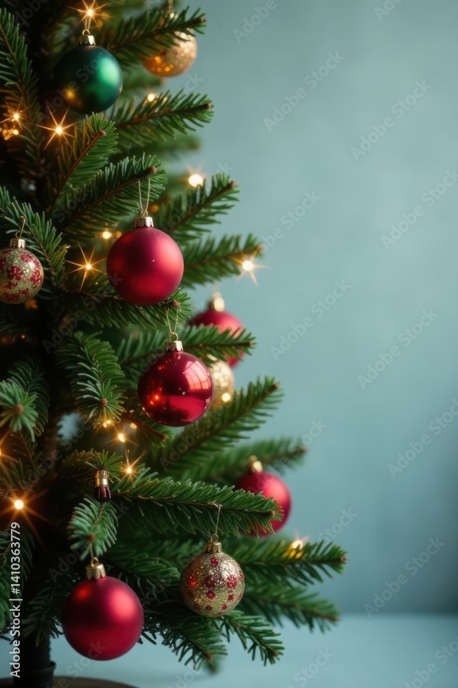 Ornaments and lights on a Christmas tree stand alone , Christmas tree, winter decor Ornaments and lights on a Christmas tree stand alone , Christmas tree, winter decor