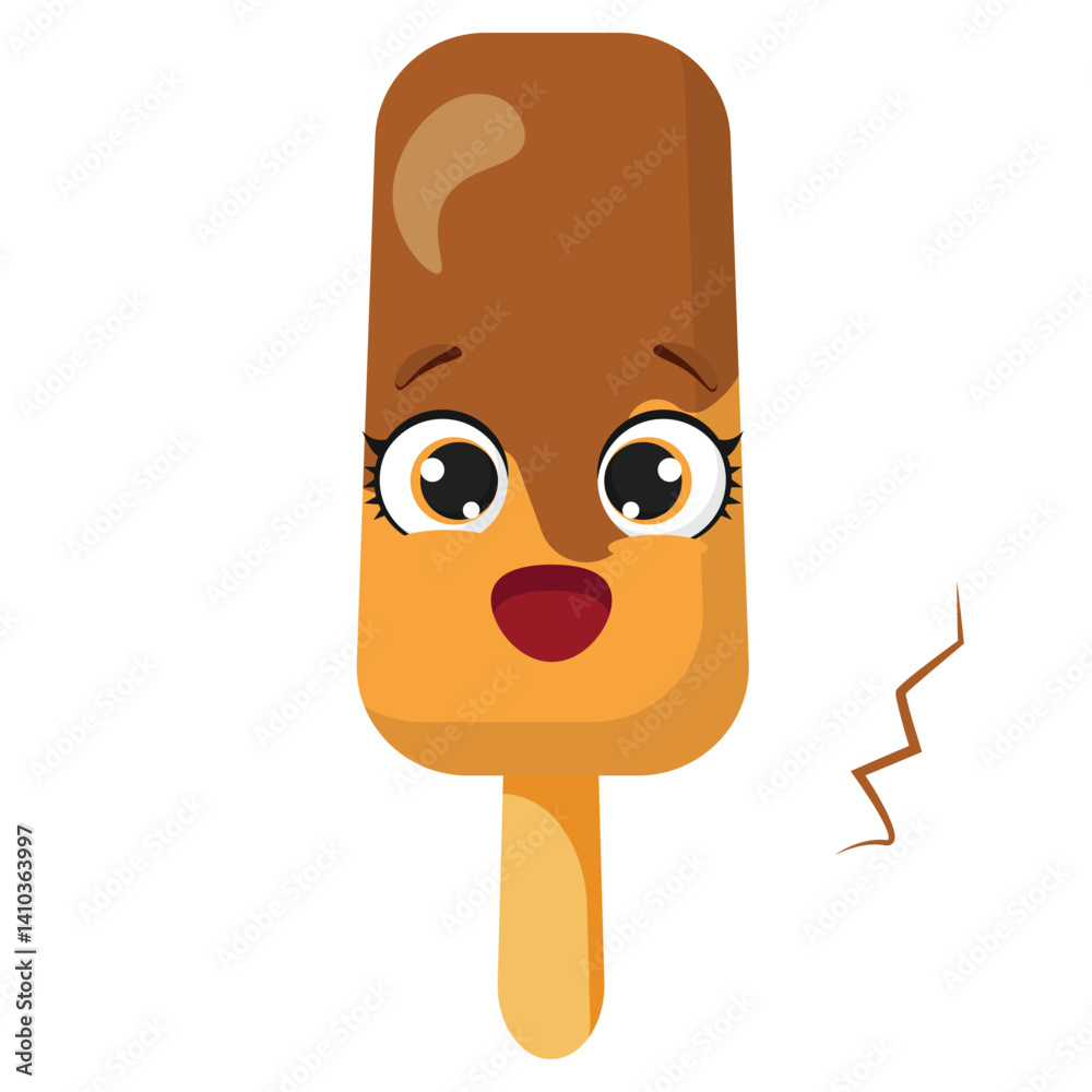 Obraz premium Surprised chocolate popsicle with big glossy eyes and open mouth, isolated on white background, ideal for food characters, kids designs, emotional stickers and summer illustrations