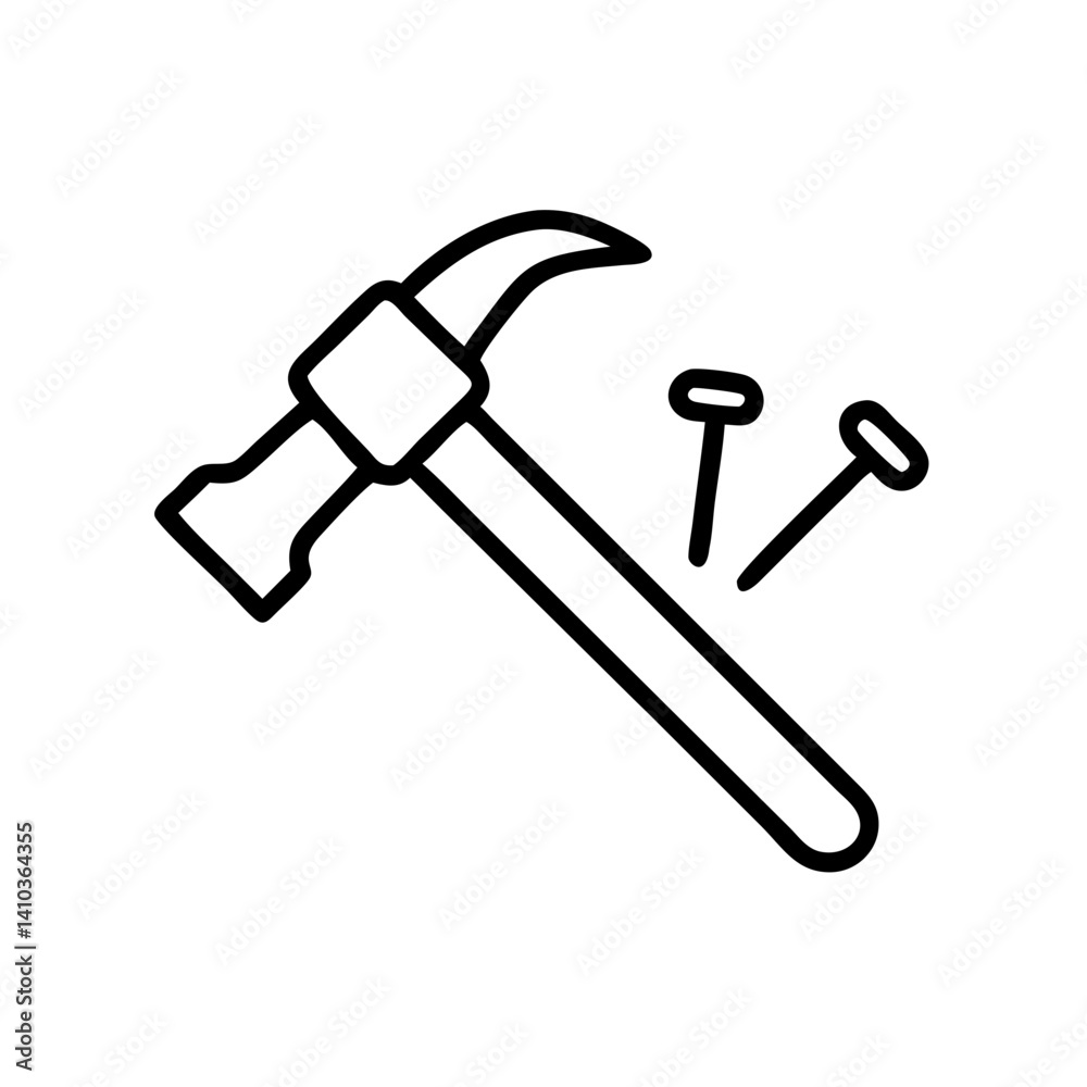 Hammer and nails icon in minimalist black line style on white background Hammer and nails icon in minimalist black line style on white background