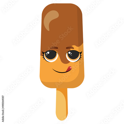 Smiling chocolate popsicle with licking tongue and glossy eyes, isolated on white background, perfect for kids food characters, sticker sets and playful summer illustrations