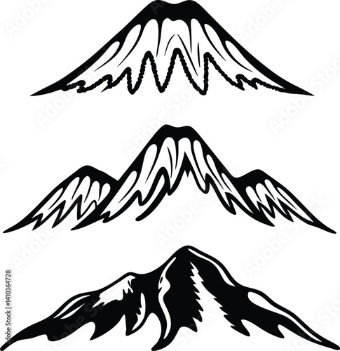 Vector illustration of a black silhouette of a flying eagle with outstretched wings against a mountain landscape