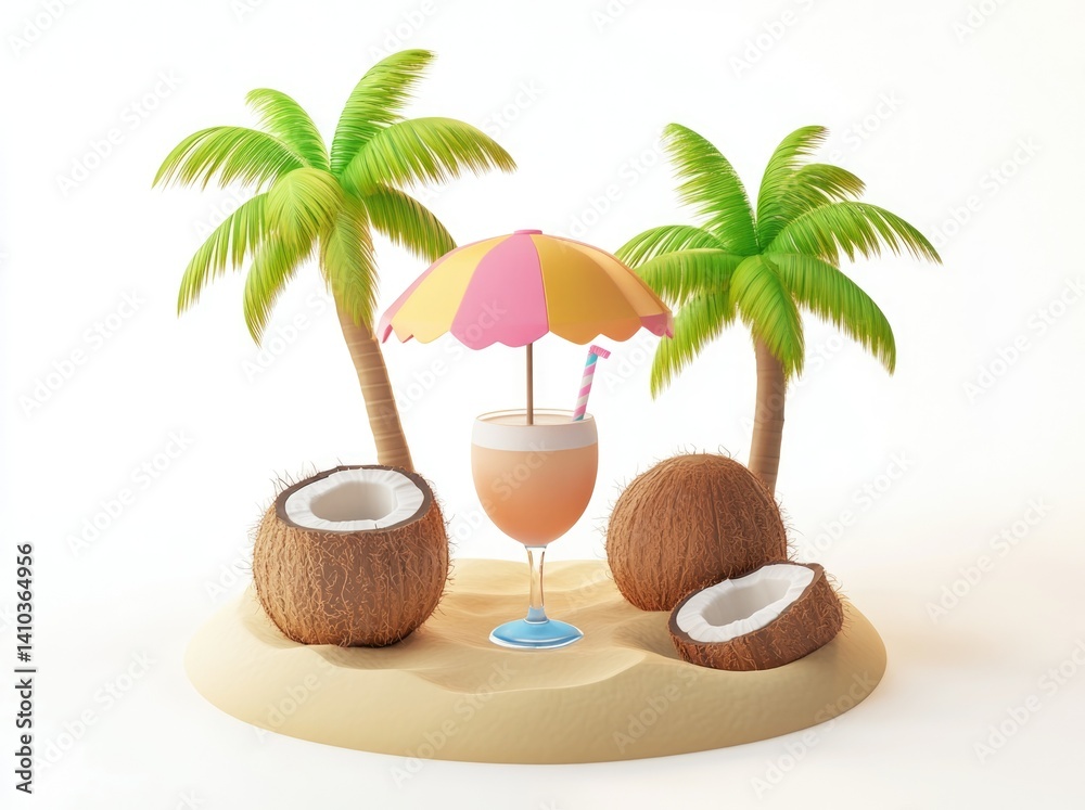 Obraz premium Tropical Beach 3D Scene with Coconut Drink, Palm Trees, and Umbrella Summer Vacation Concept