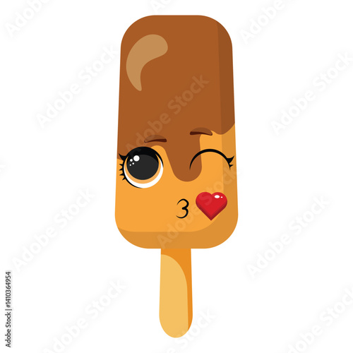 Kissing chocolate popsicle with winking eye and red heart detail, isolated on white background, perfect for food character sets, kids illustrations and romantic summer designs