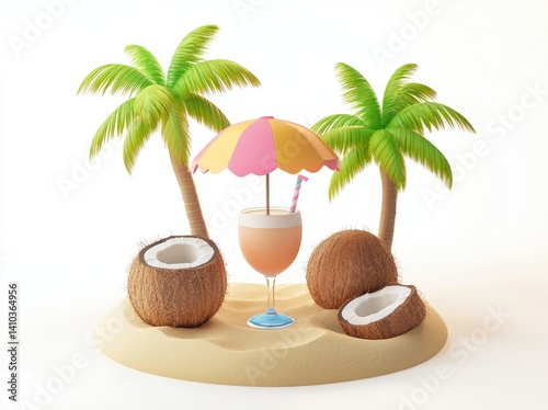 Tropical Beach 3D Scene with Coconut Drink, Palm Trees, and Umbrella  Summer Vacation Concept


