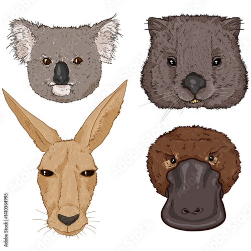Vector Set of Australian Animals Cartoon Illustrations. Front View