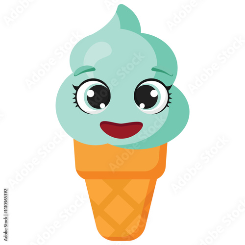 Happy mint ice cream in waffle cone with expressive eyes and smile, perfect for kids' projects, dessert branding, educational materials, and playful food illustrations