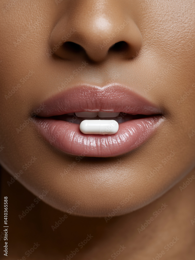 Obraz premium Close-up of woman's lips with a pill resting between them