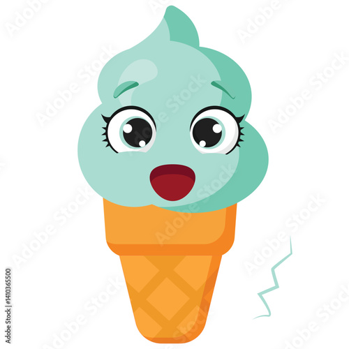 A shocking mint ice cream cone with wide eyes and a shocking expression, perfect for educational materials, food packaging, children's books and summer-themed designs