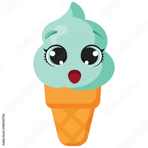 Smiling mint ice cream with big eyes and open mouth, great for kids’ activities, menus, packaging, and playful food-related graphic design projects