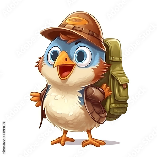 funny wren character wearing a tiny explorer hat and backpack cute cartoon bird adventure theme clip art white background