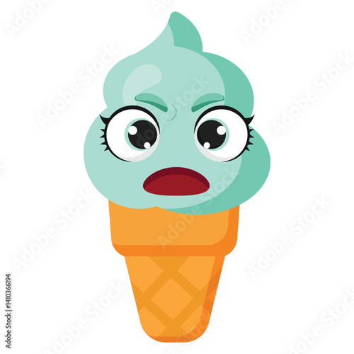 Mint green ice cream cone with angry facial expression and wide open eyes, ideal for educational activities, kids books, packaging or food character concepts