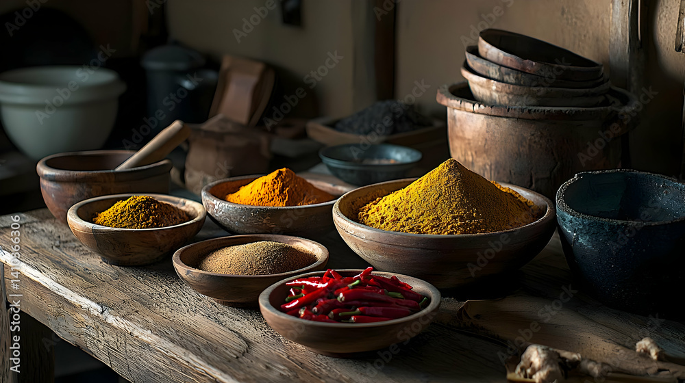 Assorted Spices In Wooden Bowls On Rustic Table
