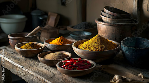 Obraz na płótnie Assorted Spices In Wooden Bowls On Rustic Table w salonie