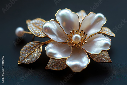 Gold and pearl flower brooch on rich blue velvet fabric, highlighting intricate details and elegant design.
