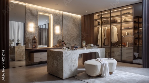 Luxury dressing room with seating island and marble vanity  