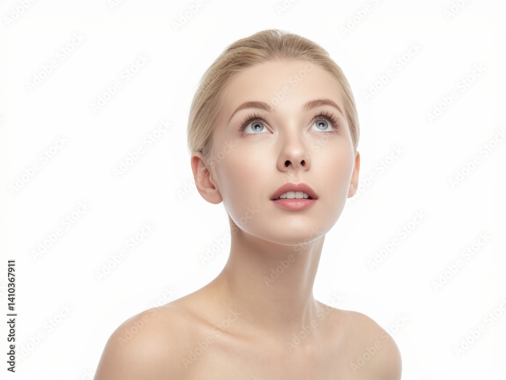 Young caucasian woman isolated on white background and looking up Young caucasian woman isolated on white background and looking up