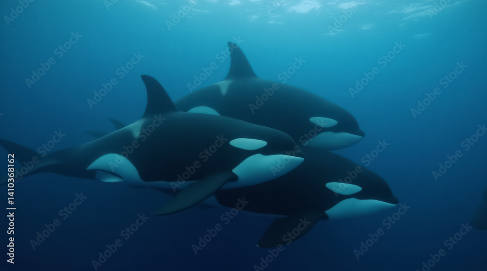 Pod of Orcas Swimming Together Underwater
