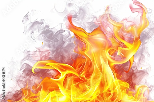 Abstract illustration of bright orange and yellow flames mixed with grey smoke on a white background