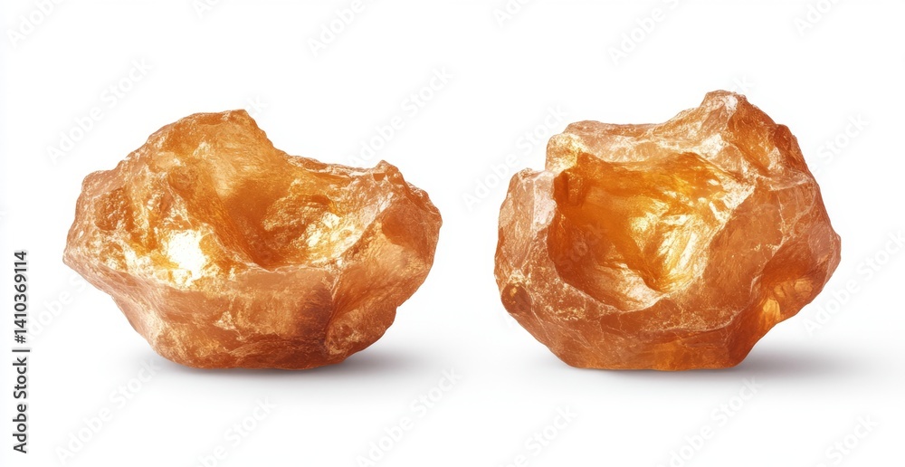 Two golden, irregular, popcorn-like snacks, close-up Two golden, irregular, popcorn-like snacks, close-up