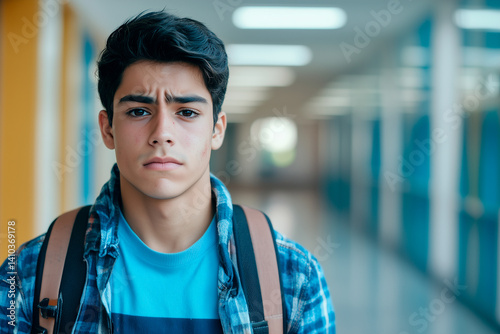 Serious latin high school student standing in school hallway with backpack