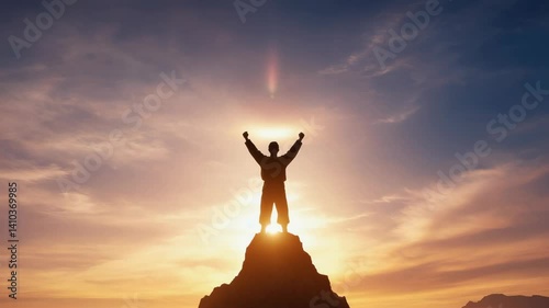 Silhouette of a person on top of mountain at sunset with arms raised in victory and looking up at the sky.
