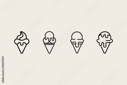 Four Simple Line Art Ice Cream Cone Illustrations