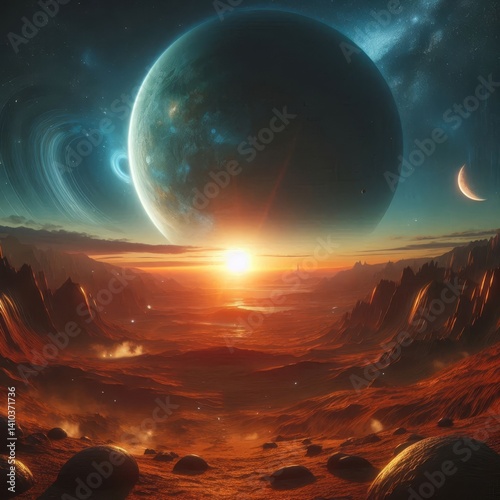 A stunning cosmic vista showcases a massive planet rising over a rugged landscape during a vibrant sunset. Rings and celestial bodies fill the sky, creating an otherworldly atmosphere.