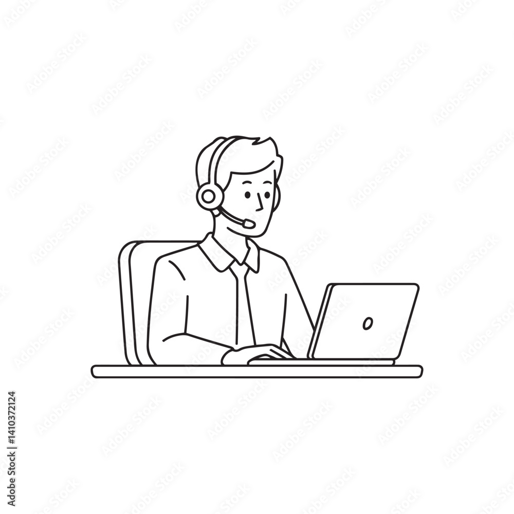 Minimalist Cartoon Customer Service Representative — Black and White Line Illustration Minimalist Cartoon Customer Service Representative — Black and White Line Illustration