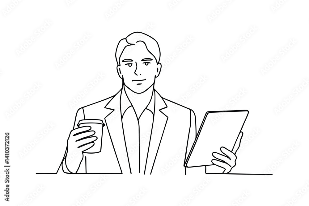 Businessman With Tablet And Coffee Cup Line Art Illustration Simple Style Businessman With Tablet And Coffee Cup Line Art Illustration Simple Style