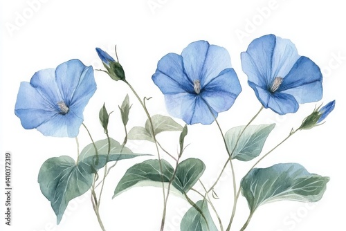 Watercolor morning glory illustration in blue hues