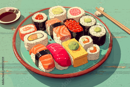 Vector illustration of sushi plate with multiple pieces including maki, nigiri, tamago and wasabi. Soft green background creates a cozy and inviting food scene
