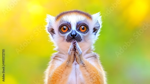 Close-up Portrait of a Praying Monkey with Expressive Eyes Against a Colorful Background