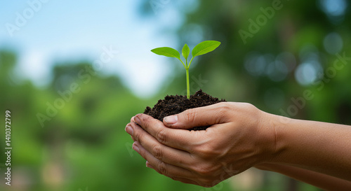 Wallpaper Mural Hands holding fresh soil with a small sprouting plant, symbolizing sustainability and new beginnings. Torontodigital.ca