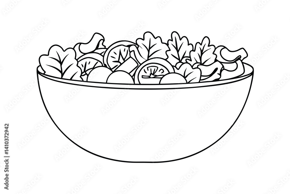 Salad Bowl Outline Drawing With Fresh Vegetables And Green Lettuce Illustration Salad Bowl Outline Drawing With Fresh Vegetables And Green Lettuce Illustration
