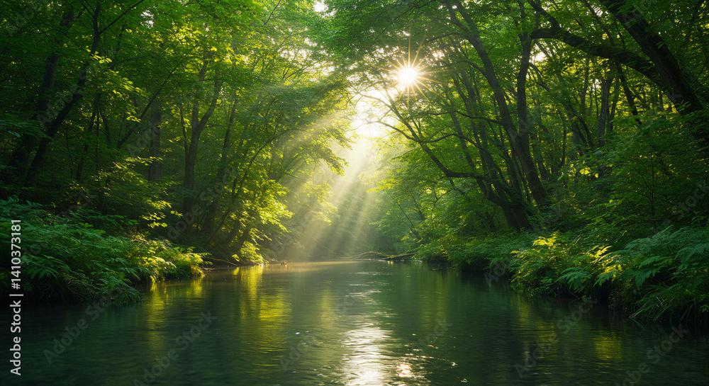 Obraz premium A river flowing through a lush forest with dense green foliage and sunlight filtering through trees.