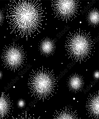 Abstract seamless background or pattern with geometric shapes, dots or spots, lines and strokes. Black and white colors. Vector.