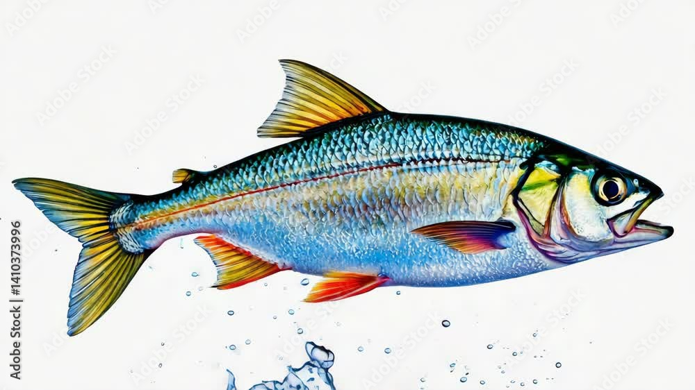 Vibrant, Detailed Illustration of a Colorful Fish with Intricate Scale Detail on a Pure White Background Vibrant, Detailed Illustration of a Colorful Fish with Intricate Scale Detail on a Pure White Background
