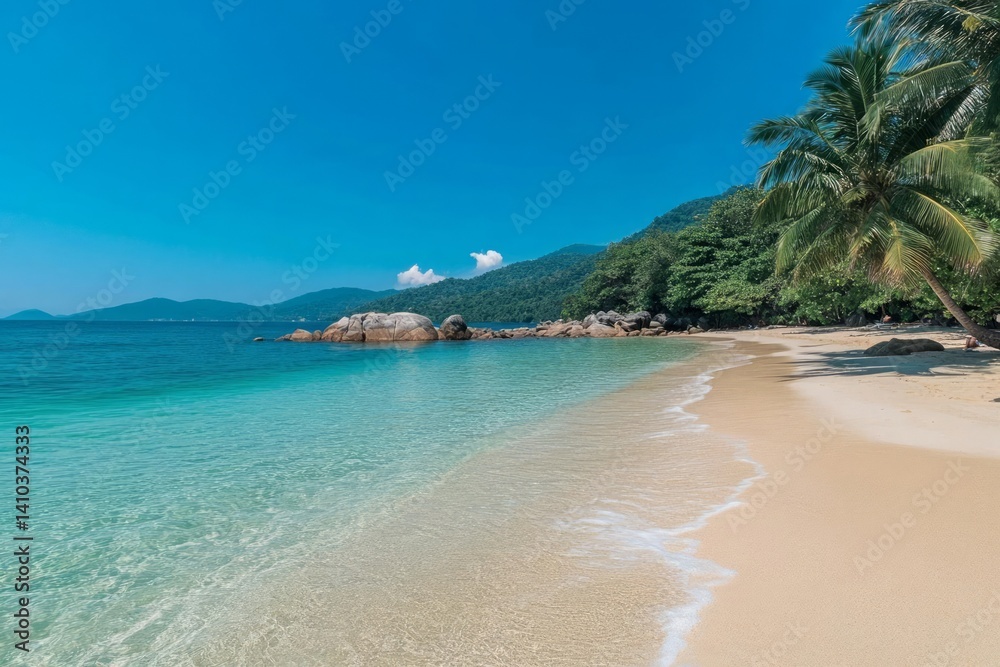 Fototapeta premium Tropical beach scene with clear turquoise water lapping a sandy shore. Large rocks are visible near the shoreline, and lush green vegetation, including palm trees, are present along the coast
