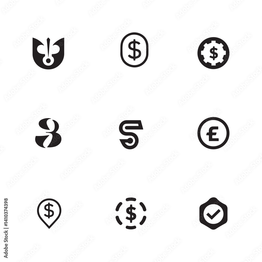 Naklejka premium Minimalist Black and White Financial Icons — Currency, Economic, and Banking Symbols