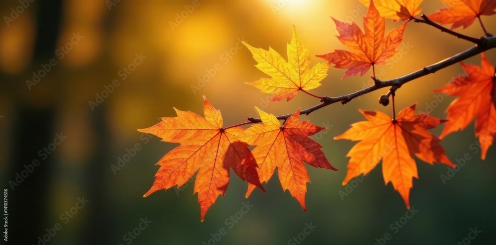 Golden autumn branch with vibrant leaves , tree, colorful leaves, fall Golden autumn branch with vibrant leaves , tree, colorful leaves, fall