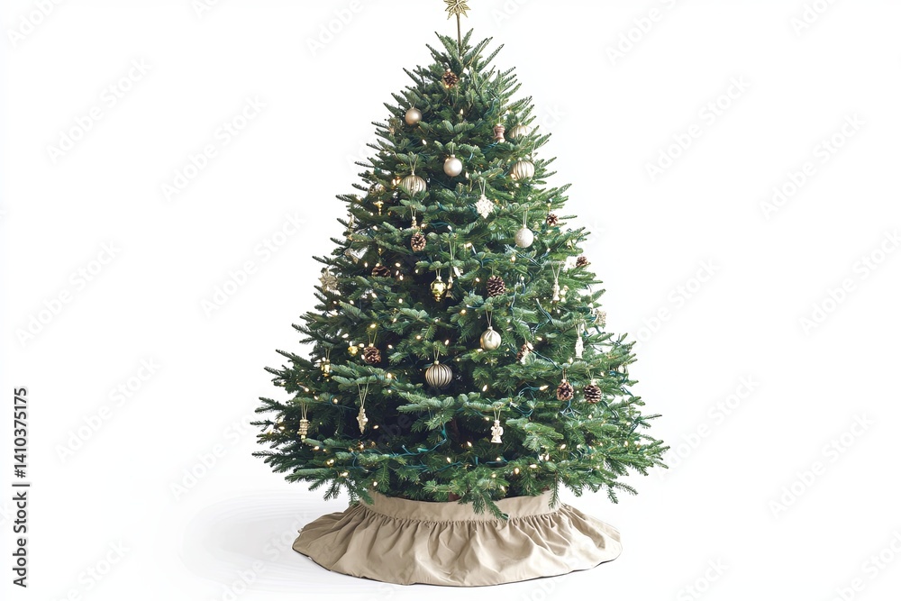 Fototapeta premium Decorated evergreen with ornaments and a star, isolated on white. Beige fabric skirt