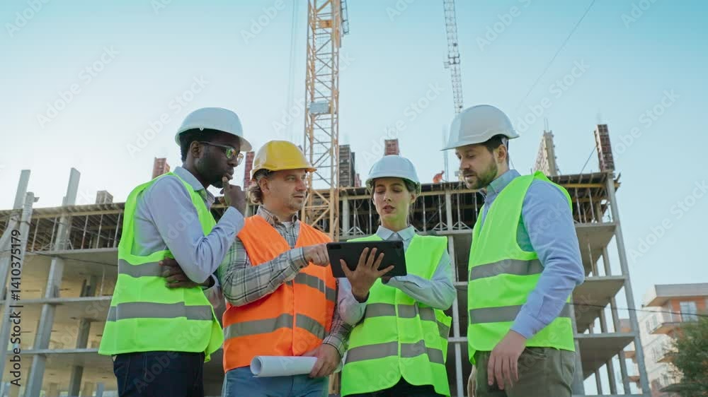 Multiethnic group of engineers in helmets and vests collaborating on tablet at construction site. Building framework and crane in background of outdoor discussion. Mixed-races builders architects. Multiethnic group of engineers in helmets and vests collaborating on tablet at construction site. Building framework and crane in background of outdoor discussion. Mixed-races builders architects.