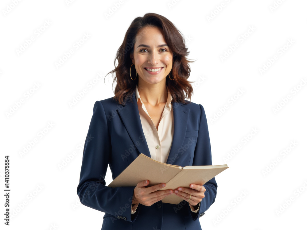 Business portrait isolated on white transparent background: A confident woman in a navy blue suit holds an open notebook, smiling warmly at the viewer against a clean white background. Business portrait isolated on white transparent background: A confident woman in a navy blue suit holds an open notebook, smiling warmly at the viewer against a clean white background.