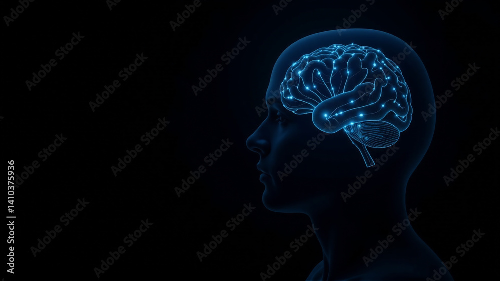Silhouette Profile with Glowing Neural Network Overlay Visualizing Brain-Computer Interface Silhouette Profile with Glowing Neural Network Overlay Visualizing Brain-Computer Interface